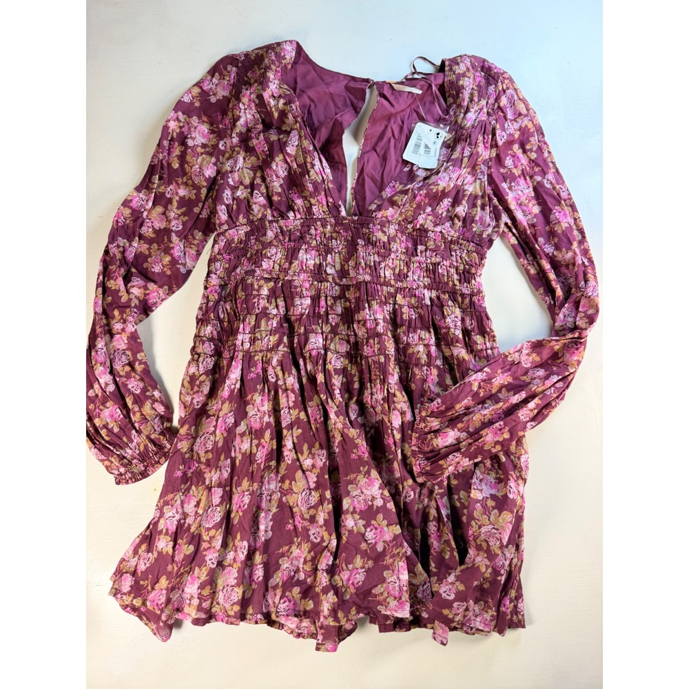 Free People Mini Dress Womens S Plum Boho Y2K Floral Smocked V-Neck Long Sleeve